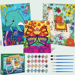 Paint-by-Numbers-Kit-for-Kids, 3 Pack 8x10 Inch Framed Canvas With 24x3ml Acrylic Paints Pots, 6 Brushes, Paint And Sip Kit For Kids, Predrawn Paint Canvas, Painting Kits for Kids Ages 8-12, 6-8