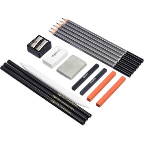 Amazon Basics Sketching and Drawing Art Pencil Kit, Artist Supplies with Pencils, Erasers, Sharpener, Charcoal, Black, White, 17 Piece Set