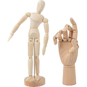 Framendino, 2 Pack 7" Wood Hand Model 8" Wooden Mannequin Figures for Drawing Sketching Painting