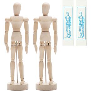 12'' Wooden Mannequin, 2 Pack Drawing Figure Model Artist Manikin with Base and Flexible Body for Drawing Painting Sketching Home Office Desk Decoration Gift