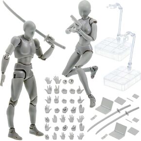 Yookeer Body Kun and Body Chan Dx Set, Drawing Action Figures Female and Male PVC Drawing Doll Human Model Figure with Joints for Artists(Gray)