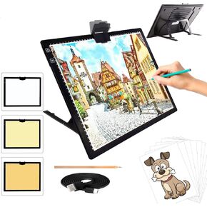 A3 LED Light Pad with Carry Bag, TOHETO Wireless Rechargeable Light Board with Stand and Top Magnetic Clip 3 Colors Stepless Dimmable 6 Levels Brightness Light Box for Diamond Painting Weeding Vinyl