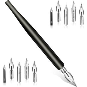 11PCS Comic Pen Nib Set, Oblique Calligraphy Dip Pen Set Fluid Writer Pen, Wooden Drawing Pen Holder with 10 Pieces Stainless Steel Pen Replacement Nibs Nib for Writing, Painting, Signing, Sketch