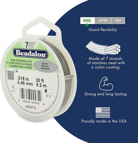 Beadalon 7 Strand Strand Stafless Bead Bead Writing ، 0.015 in / 0.38 mm ، bright ، 30 ft / 9.2 m in Kuwait