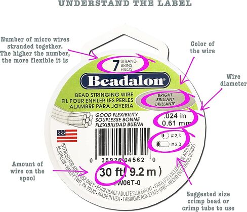 Beadalon 7 Strand Strand Stafless Bead Bead Writing ، 0.015 in / 0.38 mm ، bright ، 30 ft / 9.2 m in Kuwait