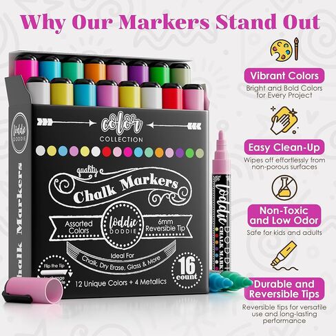 Loddie Doddie Liquid Chalk Markers (24-Pack) - Dust-Free Erasable Pens for Windows, Glass, Chalkboard & Blackboard - 6mm Reversible Bullet & Chisel Tip in Kuwait