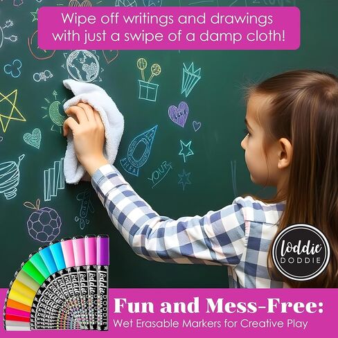 Loddie Doddie Liquid Chalk Markers (24-Pack) - Dust-Free Erasable Pens for Windows, Glass, Chalkboard & Blackboard - 6mm Reversible Bullet & Chisel Tip in Kuwait