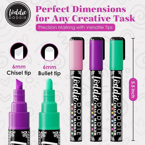Loddie Doddie Liquid Chalk Markers (24-Pack) - Dust-Free Erasable Pens for Windows, Glass, Chalkboard & Blackboard - 6mm Reversible Bullet & Chisel Tip in Kuwait