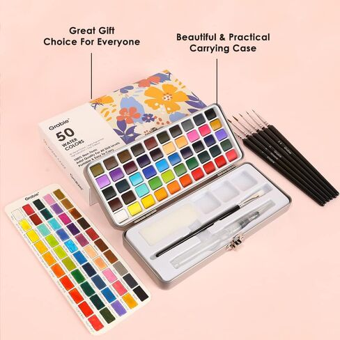 Grabie Watercolor Paint Set, Great for Painting, 50 Colors, Detail Paint Brush Included, Art Supplies, for Artists, Amateur Hobbyists and Painting Lovers in Saudi Arabia