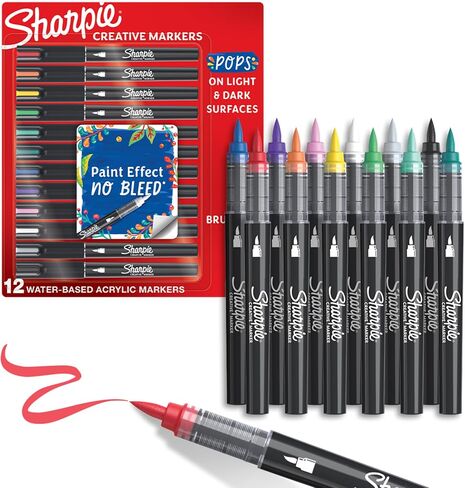 Sharpie Creative Paint-like Brush Tip Acrylic Markers, Assorted Colors, 12 Count, Perfect for Art and Craft Supplies in Saudi Arabia