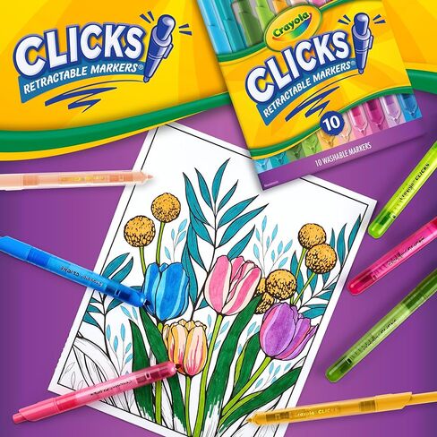 Crayola Clicks Retractable Markers (10ct), No Dry Washable Markers for Kids, Bold Colors, Click Markers for School, Easter Basket Stuffers & Gifts for Kids in Saudi Arabia