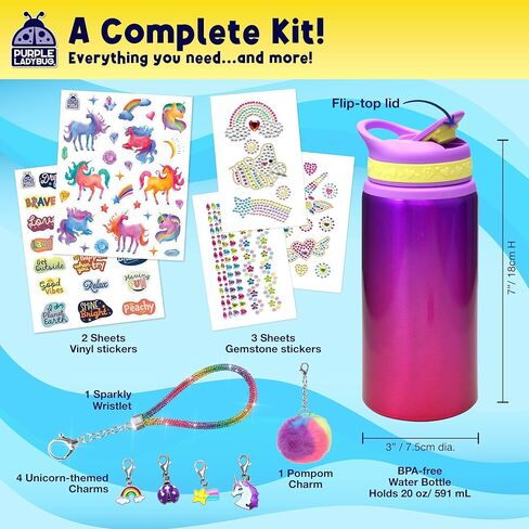 PURPLE LADYBUG Decorate Your Own Water Bottle Kit for Girls - Easter Basket Stuffers for Kids, for Ages 5-8-10 Years Old Girls Birthday Gift, Unicorn Arts and Crafts, Water Bottles for Kids School in Kuwait