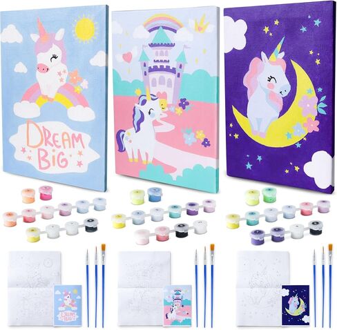 BONNYCO Paint by Numbers Kit for Kids Unicorns Pack 3 Canvas Paint by Number Canvas Framed Unicorn Gifts for Girls Arts and Crafts Kids Paint by Number Kits, Pre Drawn Canvas for Painting for Kids in Kuwait
