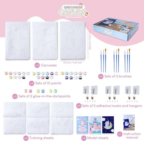 BONNYCO Paint by Numbers Kit for Kids Unicorns Pack 3 Canvas Paint by Number Canvas Framed Unicorn Gifts for Girls Arts and Crafts Kids Paint by Number Kits, Pre Drawn Canvas for Painting for Kids in Kuwait