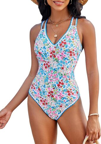 Women Modest One Piece Swimsuit - Floral Tummy Control Bathing Suit Whip Stitch Double Straps V Neck Monokini Teens in Saudi Arabia