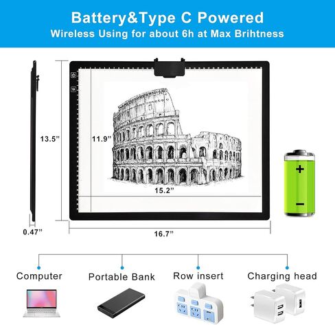 A3 LED Light Pad with Carry Bag, TOHETO Wireless Rechargeable Light Board with Stand and Top Magnetic Clip 3 Colors Stepless Dimmable 6 Levels Brightness Light Box for Diamond Painting Weeding Vinyl in Kuwait