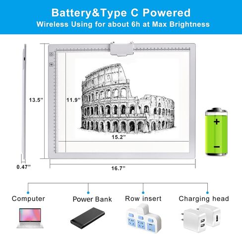 A3 LED Light Pad with Carry Bag, TOHETO Wireless Rechargeable Light Board with Stand and Top Magnetic Clip 3 Colors Stepless Dimmable 6 Levels Brightness Light Box for Diamond Painting Weeding Vinyl in Kuwait