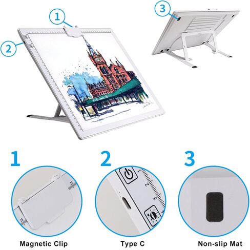 A3 LED Light Pad with Carry Bag, TOHETO Wireless Rechargeable Light Board with Stand and Top Magnetic Clip 3 Colors Stepless Dimmable 6 Levels Brightness Light Box for Diamond Painting Weeding Vinyl in Kuwait