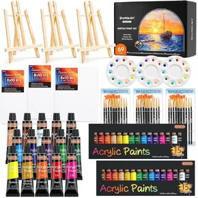 Shuttle Art 58 Pack Acrylic Paint Set, Painting Kit with 2 Pack of 15 Colors Acrylic Paint, 2 Sets of Wooden Easels, Canvas, Brushes & Palettes, Art Painting Supplies Kit for Adults Kids Beginner