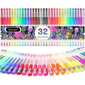 Taotree Glitter Gel Pens, 32 Color Neon Glitter Pens Fine Tip Art Markers Set 40% More Ink Colored Gel Marker for Coloring Book, Drawing, Coloring, Scrapbook, Journaling, Sparkle Easter Gifts kids
