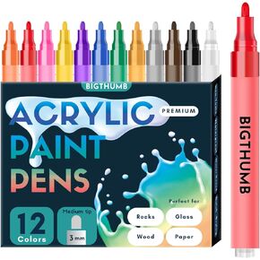 12 Colors Acrylic Paint Pens, 3mm Medium Tip Paint Markers Great for Fabric, Canvas, Rock painting, Glass, Wood -Ideal Art Supplies for Adults
