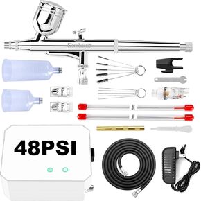 Gocheer Airbrush Kit with Air Compressor, 48 PSI High Pressure Air Brush Non-Clogging with 0.2/0.3/0.5mm Nozzle/Cleaning Sets, Ideal for Painting, Modeling, Cake Decor, Pastry, Makeup, Nail Art Black.