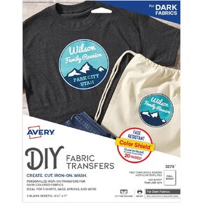 Avery Printable Heat Transfer Paper for Dark Fabrics, 8.5" x 11", Inkjet Printer, 5 Iron On Transfers (3279)