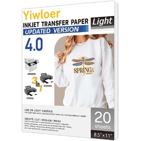 Yiwloer Inkjet Transfer Paper for Update Version, 20pcs 8.5"X 11"Printable Vinyl, Iron On Heat Transfer Paper for Dark Coloured Fabrics, Can Be Used in Plain Ink, Sublimation Ink and Laser Printer.