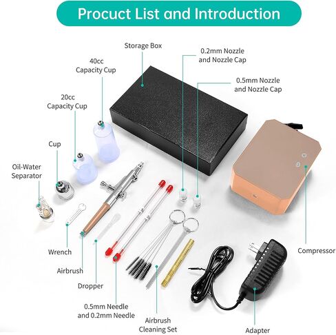 طقم البخاخة Gocher مع ضاغط الهواء ، و 40 فرشاة هواء عالية الضغط غير المتجانسة مع 0.2/0.3/0.5 مم مجموعات الفوهة/التنظيف ، مثالية للطلاء ، النمذجة ، ديكور الكيك ، المعجنات ، الماكياج ، فن الأظافر. in Kuwait