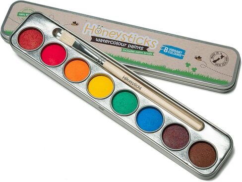 Honeysticks Non-Toxic Watercolor Paint Set for Kids and Toddlers - 8 Vibrant and Long Lasting Colors with Brush - Natural and Food Grade Ingredients - Child Safe Art Supplies - Great Gift Idea in Saudi Arabia
