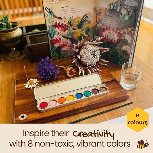 Honeysticks Non-Toxic Watercolor Paint Set for Kids and Toddlers - 8 Vibrant and Long Lasting Colors with Brush - Natural and Food Grade Ingredients - Child Safe Art Supplies - Great Gift Idea in Saudi Arabia