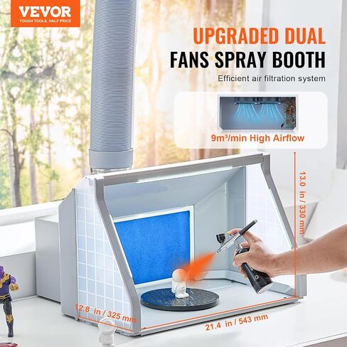 VEVOR Airbrush Spray Booth, Portable Hobby Airbrush Paint Spray Booth Kit with 4 LED Light, Powerful Dual Exhaust Fans, Turntable and 6 ft Extension Hose, for Painting Models, Arts, Crafts, Cakes in Saudi Arabia