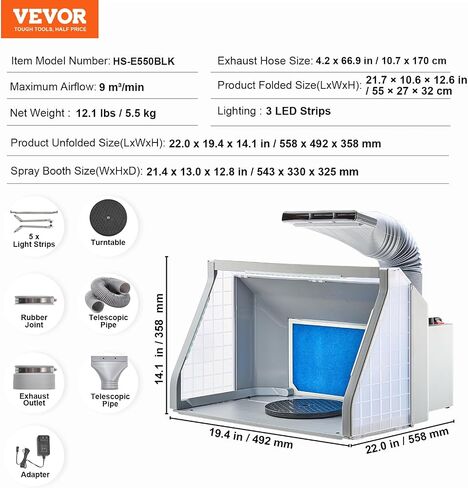VEVOR Airbrush Spray Booth, Portable Hobby Airbrush Paint Spray Booth Kit with 4 LED Light, Powerful Dual Exhaust Fans, Turntable and 6 ft Extension Hose, for Painting Models, Arts, Crafts, Cakes in Kuwait