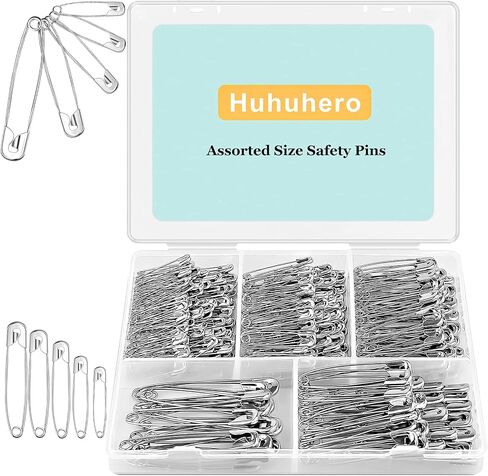Huhuhero 340 حزمة دبابيس السلامة متنوعة ، 5 أحجام مختلفة دبابيس صغيرة وكبيرة ، دبوس السلامة لخياطة أزياء الملابس ، السائبة الفولاذية المطلية بالنيكل ، اللوازم الفنية الحرف ، الفضة ، in Kuwait