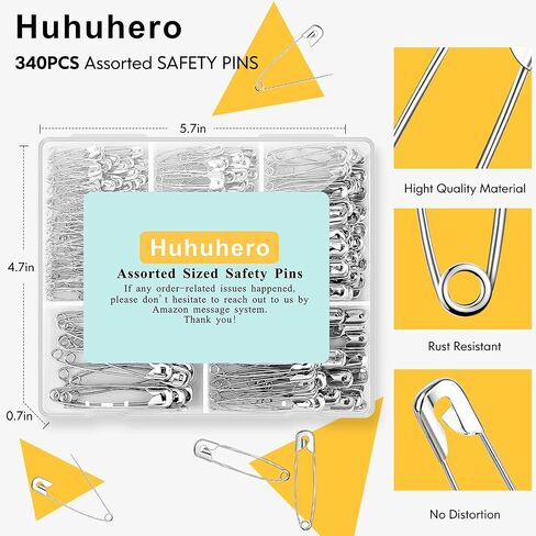 Huhuhero 340 حزمة دبابيس السلامة متنوعة ، 5 أحجام مختلفة دبابيس صغيرة وكبيرة ، دبوس السلامة لخياطة أزياء الملابس ، السائبة الفولاذية المطلية بالنيكل ، اللوازم الفنية الحرف ، الفضة ، in Kuwait