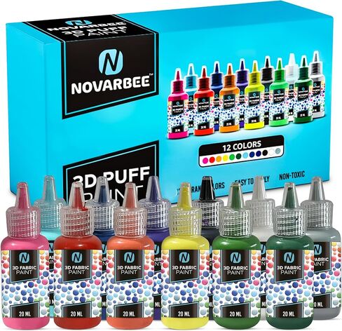 Novarbee- Fabric Paint, 12 Colors Puff Paint, 0.67 Oz, Fabric Paint For Clothes, 3d Puff Pens, Puff Paint For Crafts, Canvas, Glass, Clothing, Wood. in Saudi Arabia