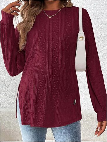 MakeMeChic Women's Maternity Tee Shirts Textured Long Sleeve Round Neck Slit Hem Pregnancy Tops in Kuwait