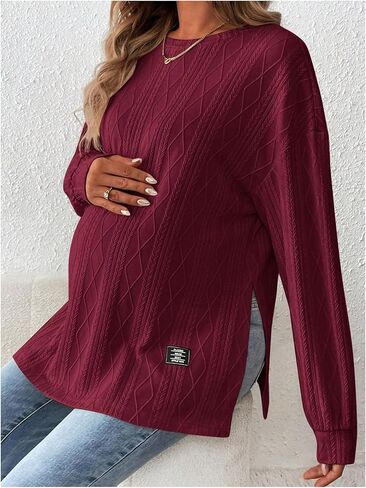 MakeMeChic Women's Maternity Tee Shirts Textured Long Sleeve Round Neck Slit Hem Pregnancy Tops in Kuwait