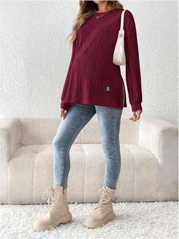 MakeMeChic Women's Maternity Tee Shirts Textured Long Sleeve Round Neck Slit Hem Pregnancy Tops in Kuwait