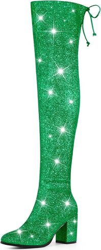 Allegra K Women's Glitter Round Toe Chunky Heel Over the Knee High Boots in Saudi Arabia