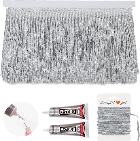 Silver Glittery Fringes, 5 Yards X 4 Inch Fringe Trim with B7000 Glue, Tassels Trim for Crafts Sewing Fringe Trim by The Yard for Clothing Curtain in Saudi Arabia