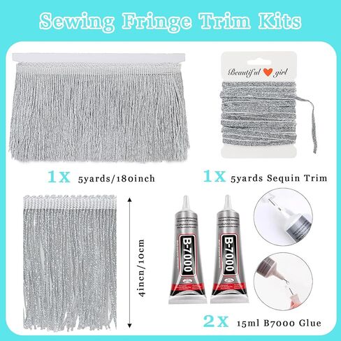Silver Glittery Fringes, 5 Yards X 4 Inch Fringe Trim with B7000 Glue, Tassels Trim for Crafts Sewing Fringe Trim by The Yard for Clothing Curtain in Saudi Arabia