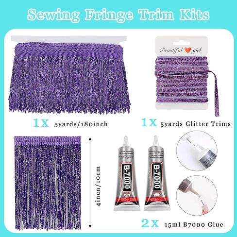 Silver Glittery Fringes, 5 Yards X 4 Inch Fringe Trim with B7000 Glue, Tassels Trim for Crafts Sewing Fringe Trim by The Yard for Clothing Curtain in Saudi Arabia