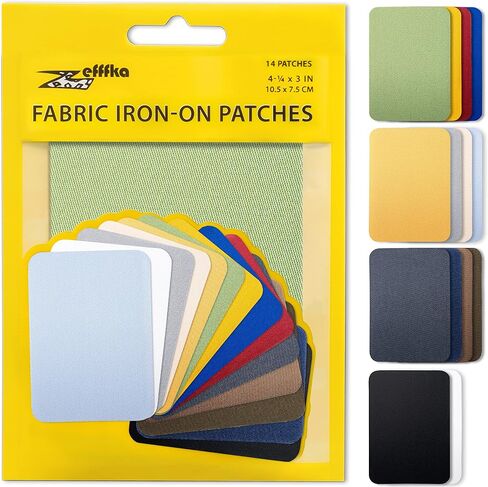 ZEFFFKA Premium Quality Fabric Iron-on Patches Inside & Outside Strongest Glue 100% Cotton Blue Gray Beige Brown Yellow Red Green Repair Decorating Kit 14 Pieces Size 3" by 4-1/4" (7.5 cm x 10.5 cm) in Kuwait