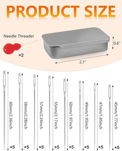 FIVEIZERO 80/40 PCS Large Eye Sewing Needles, 7 Sizes Sewing Sharp Needles, Leather Needle Embroidery Thread Needle, Stainless Steel Yarn Knitting Needles with Threaders for Handsewing Art Crafts CJ in Kuwait