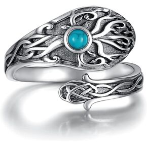 Tree of Life Spoon Ring - Sterling Silver Vintage Turquoise Celtic Knot Rings Adjustable Thumb Jewelry Gifts for Women