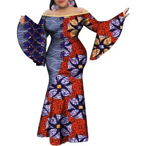 VERWIN Plus Size Floor-Length Print Long Lantern Sleeve Bodycon Women's Maxi Dress Expansion Dress
