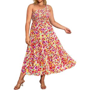Pinup Fashion Women Plus Size One Shoulder Sleeveless Casual Summer Smocked Tiered Flowy Beach Boho Maxi Dress