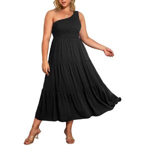 Pinup Fashion Women Plus Size One Shoulder Sleeveless Casual Summer Smocked Tiered Flowy Beach Boho Maxi Dress