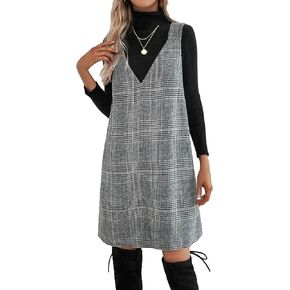 OYOANGLE Women's Plaid Print Sleeveless V Neck Straight Short Dress Pinafore Dresses